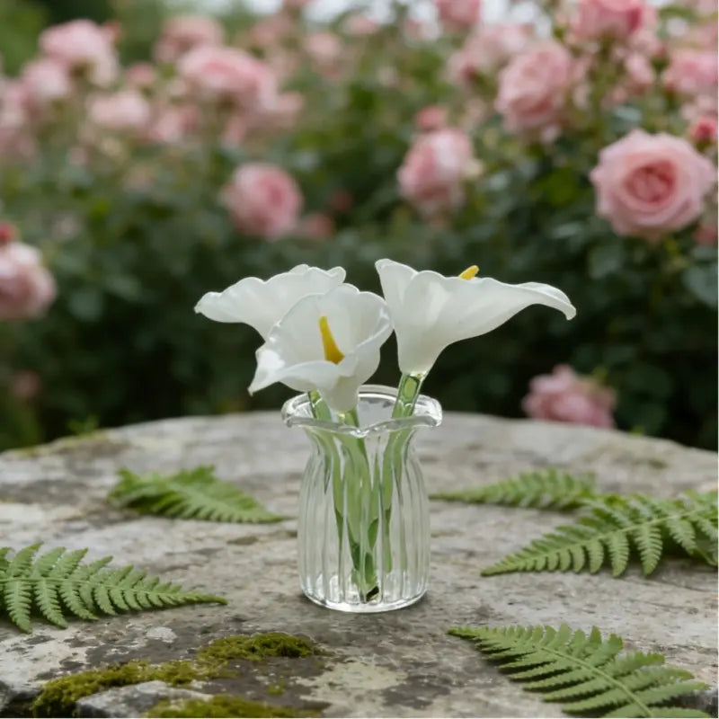 Decoration Hand Blown Glass Flower Figurines Collectible Ornaments with Vase for Mothers Day Birthday Table Centerpiece Garden DIY Craft