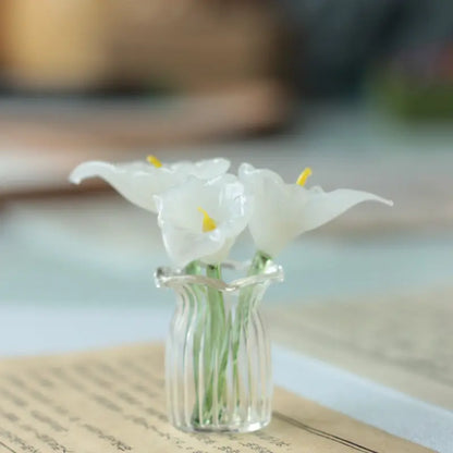 Decoration Hand Blown Glass Flower Figurines Collectible Ornaments with Vase for Mothers Day Birthday Table Centerpiece Garden DIY Craft