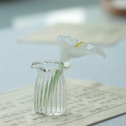 Decoration Hand Blown Glass Flower Figurines Collectible Ornaments with Vase for Mothers Day Birthday Table Centerpiece Garden DIY Craft