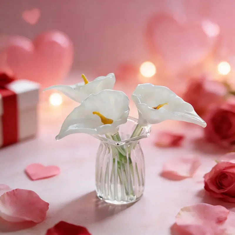 Decoration Hand Blown Glass Flower Figurines Collectible Ornaments with Vase for Mothers Day Birthday Table Centerpiece Garden DIY Craft